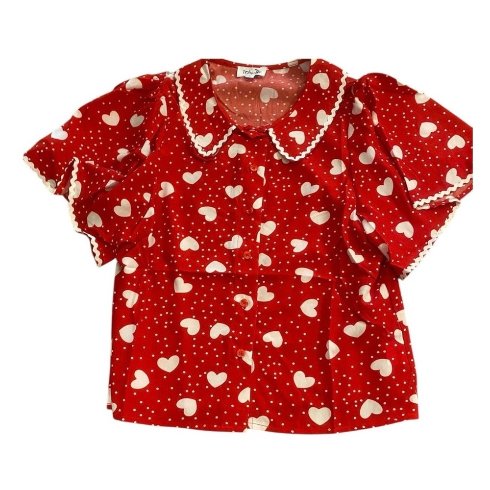 Tulip‎ B Red Heart Polka Dot Peter Pan Collar Flutter Sleeve Blouse Medium